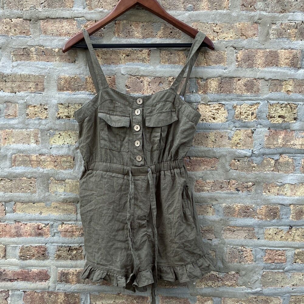 Fashion On Earth Olive‎ Sleeveless Button Front Romper 100% Cotton Size M